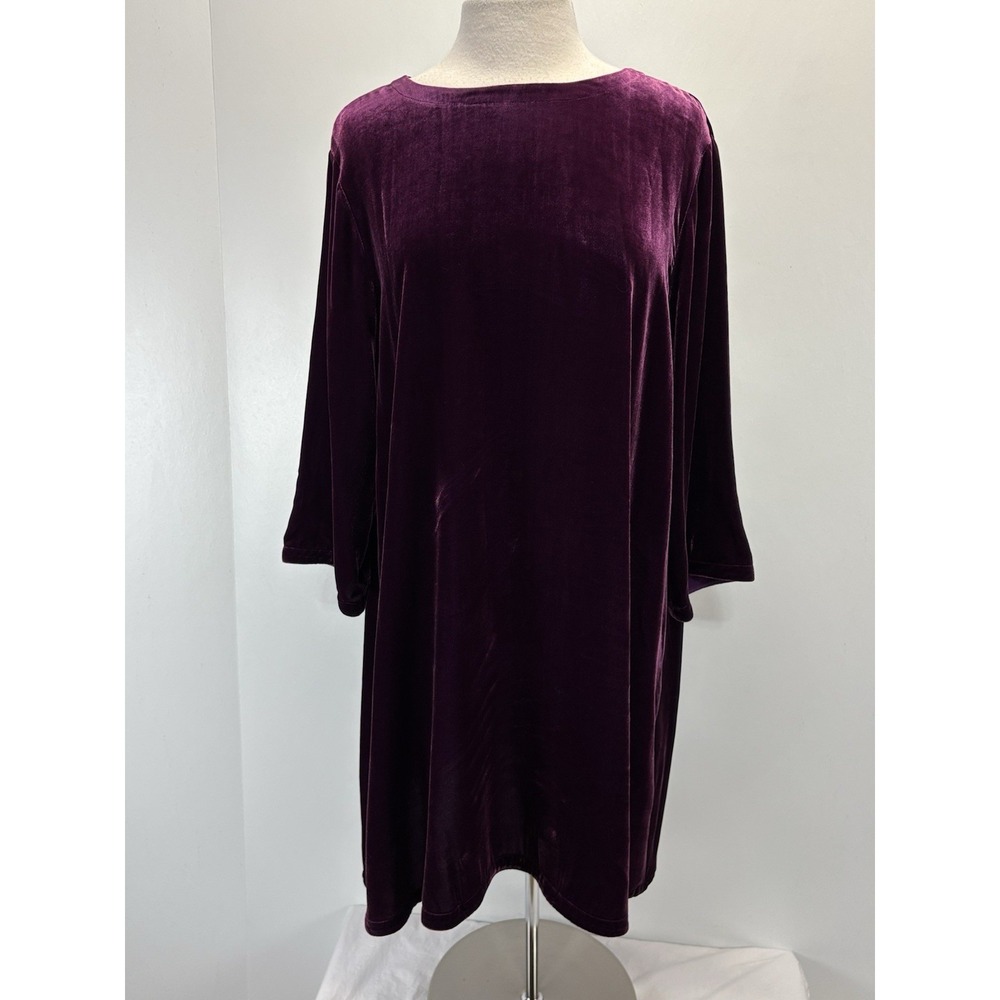 Eileen Fisher Velvet Shift Dress X-Large Dark Magenta Silk Blend Comfort Party